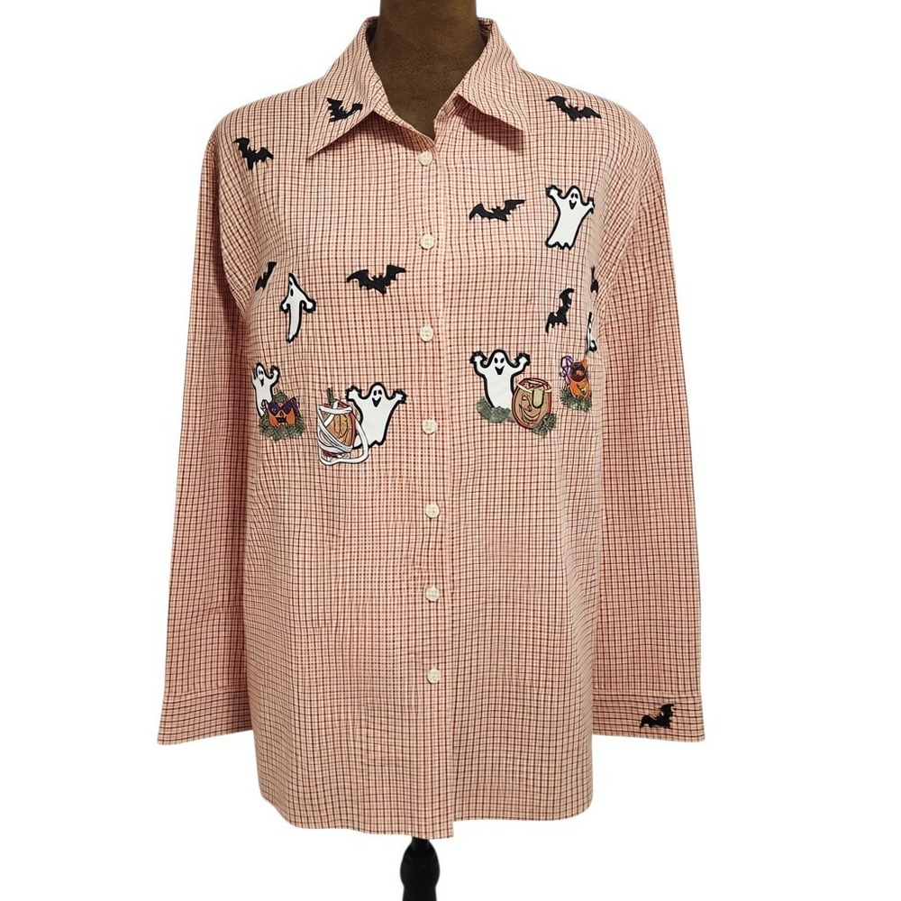 Vintage Karen Scott Halloween Button Up Ghost Pumpkin Embroidered Size L Plaid